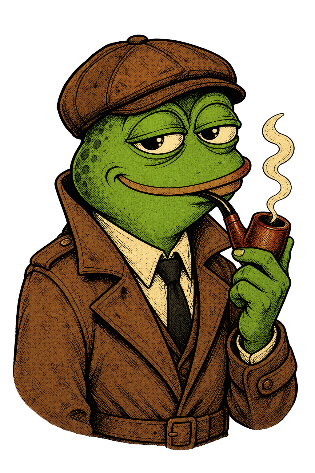 PipePepe detective frog wearing a cap and smoking a pipe